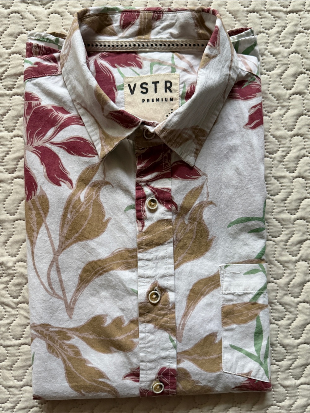 VSTR Premium Men’s Medium 100% Cotton Floral Button-Up Shirt White Burgundy Tan